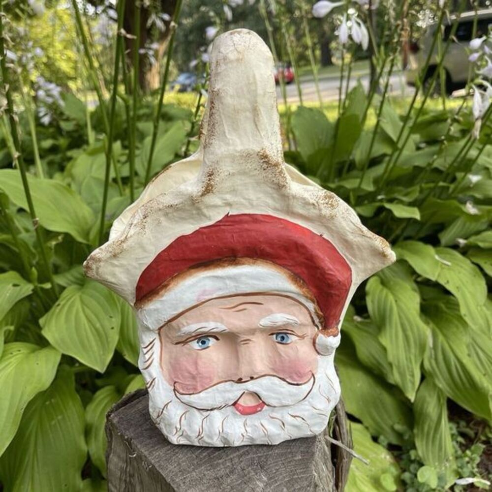 Large Santa Claus Head Vintage Style Paper Mache Candy Bucket Handle Arrangement